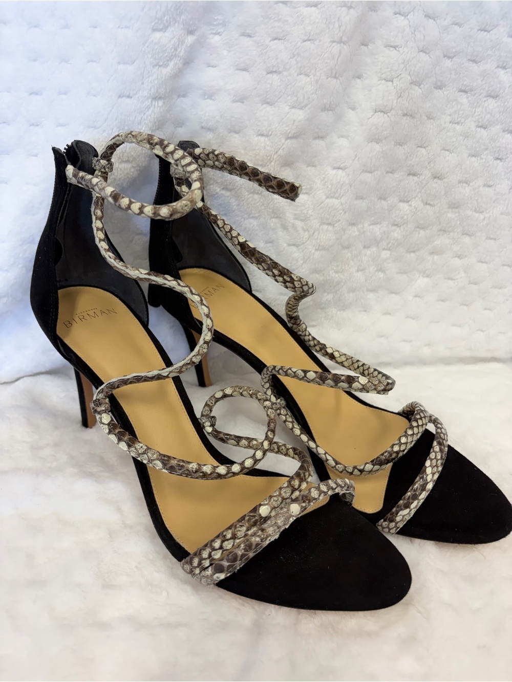Alexandre Birman Black Suede Heels with Snake-Print Wrap Straps
